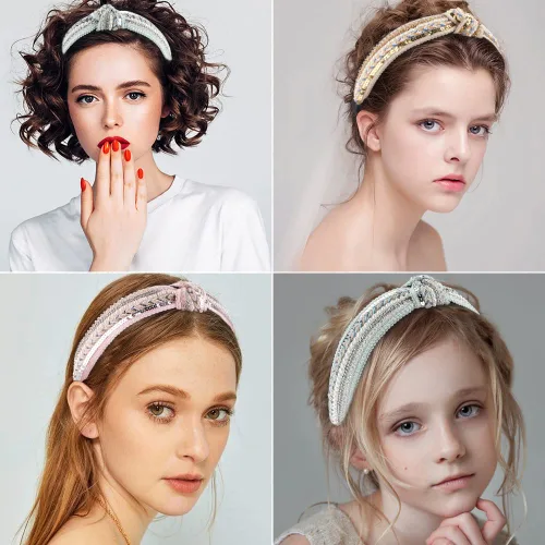 Vista 6 de TOBATOBA Diademas anudadas para mujer, paquete de 3 diademas con cuentas de perlas de diamantes de imitación, diademas bohemias con nudo superior