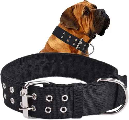 Vista 2 de Collar de perro ajustable militar de 1.5 pulgadas de ancho, anillo en D de metal y hebilla de 2 filas, collar táctico grande mediano de nailon negro