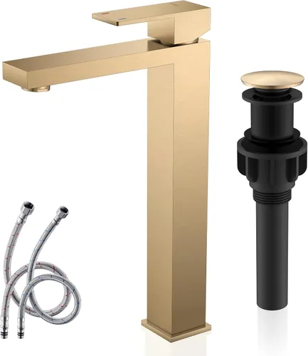Vista 17 de KENES Grifo de lavabo de baño de una sola manija, grifos de baño negros y dorados de un solo orificio, grifo de tocador con desagüe emergente