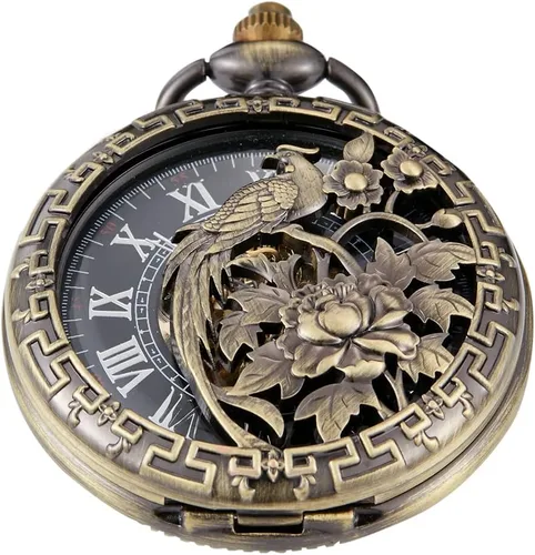 Vista 19 de Bronze Retro Mechanical Pocket Watch Skeleton Roman Numerals Hollow Mechanical Pocket Watches with Box M100
