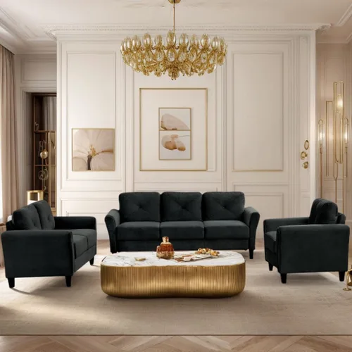 Vista 13 de Harper & Bright Designs Sofá individual tapizado de terciopelo con respaldo copetudo con botones, sillón moderno para sala de estar, color negro