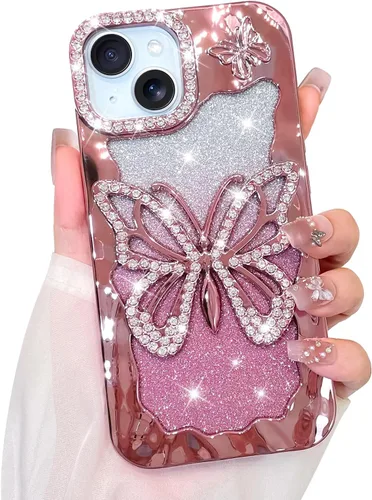 Vista 15 de Bonoma Funda con purpurina para iPhone 13 Pro Max, bonita funda 3D con patrón de chapado en degradado de mariposa de diamante, protección de cámara