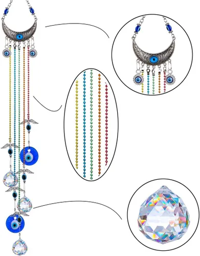 Vista 5 de 20 Pulgadas Azul Ojo del Mal Cristales Colgantes Atrapasoles Adorno para Árbol de Navidad con Bola de Energía Chakra Prisma Colgante