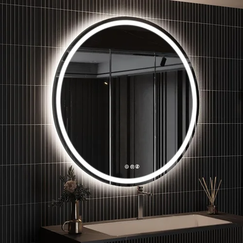 Vista 14 de ROOMTEC Espejo de baño LED redondo de 28 pulgadas con luces, espejo de tocador circular con parte delantera y retroiluminada, marco de aluminio