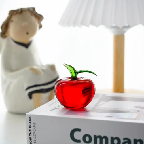 Vista 6 de Figura de manzana roja de vidrio soplado a mano de 2 pulgadas, frutas de cristal, coleccionables, manzanas, adorno decorativo para el hogar