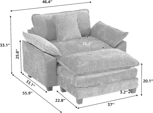 Vista 88 de Sofá seccional modular verde de 111.5", sofás seccionales grandes de 3 plazas para sala de estar, sofá nube oversized de tela chenille con otomana