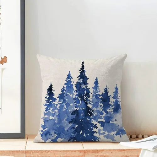 Vista 3 de AEIOAE - Juego de 2 fundas de almohada navideñas de 45.7 x 45.7 cm, decoración azul de árboles navideños, funda de almohada rústica de granja