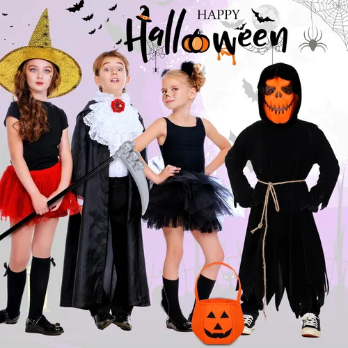 Vista 5 de Toulite Disfraz de calabaza de espantapájaros de Halloween, juego de disfraz de calabaza parca de calabaza, máscara de calabaza, bolsa de dulces