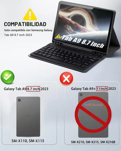 Vista 2 de TUNKARMOR Funda para teclado para Tab A9 de 8.7 pulgadas (2023) - Funda delgada con teclado desmontable y ratón con soporte para bolígrafo, función