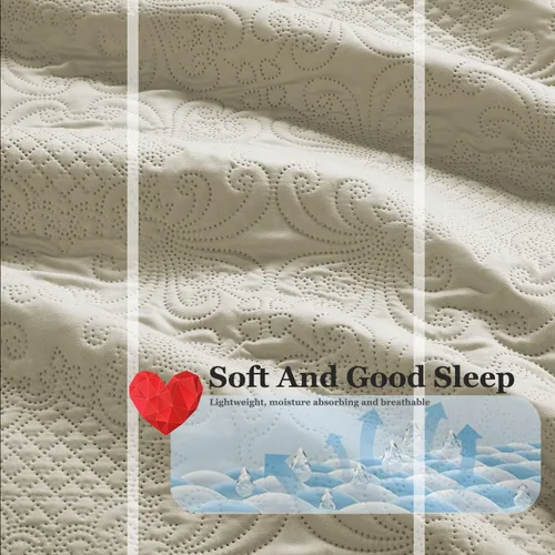 Vista 3 de BOREA home collection Juego de colcha ultrasónica de 3 piezas tamaño Queen, juego de cubrecama color crema, edredón Queen ligero, juego de ropa