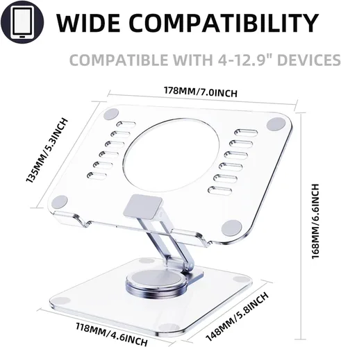 Vista 3 de Soporte acrílico giratorio de 360° para tableta, soporte de escritorio ajustable plegable transparente compatible con iPad Pro, Air, Mini, Kindle