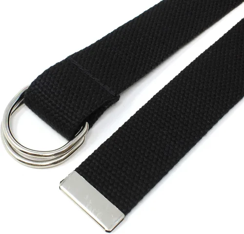 Vista 2 de Cinturón de malla delgada con hebilla de doble anilla en D de 1.25 pulgadas de ancho con punta de metal de color sólido Negro