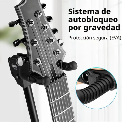 Vista 2 de GUITTO Soporte para guitarra - Bloqueo automático resistente, ajustable y plegable para acústica/eléctrica/bajo (capacidad de 15 kg), base