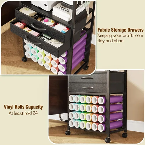 Vista 8 de VENNQD Organizador y soporte de almacenamiento compatible con máquinas Cricut, carrito de almacenamiento rodante/estante con 24 soportes de rollo