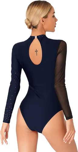 Vista 47 de iiniim Leotardo de malla para mujer, con diamantes de imitación, de malla, de manga larga, leotardos de gimnasia