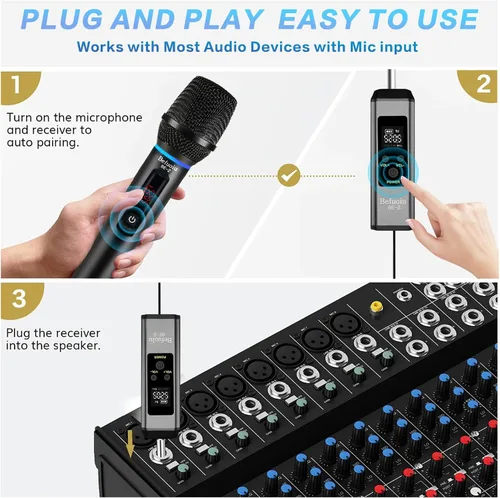 Vista 6 de Micrófono inalámbrico recargable UHF para cantar con bolso, micrófono dinámico de mano de metal con receptor, micrófono de karaoke inalámbrico