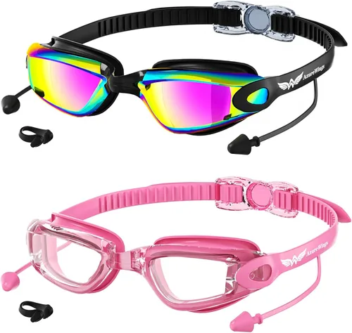 Vista 9 de Paquete de 2 gafas de natación sin fugas, antivaho y UV, gafas de natación para adultos, hombres y mujeres, lentes de policarbonato con espejo HD