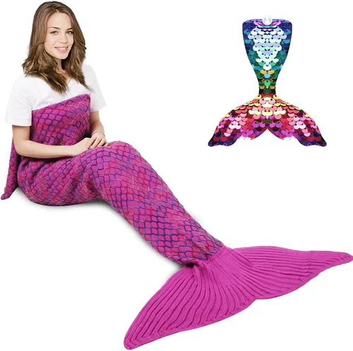 Vista 11 de AmyHomie Manta de cola de sirena, manta suave para niños, saco de dormir de sirena de ganchillo, regalo de sirena para niñas