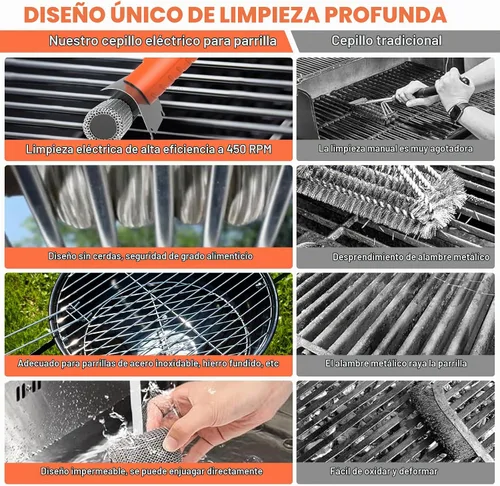 Vista 6 de Hillyfe Cepillo de parrilla para exteriores, cepillo de parrilla recargable inalámbrico con 3 cabezales de cepillo, cepillos de limpieza eléctricos