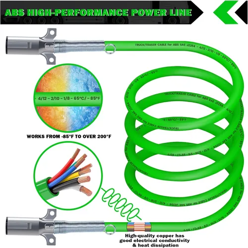 Vista 5 de CheeMuii Paquete de 2 cables de remolque de 7 vías de 12 pies, cable de alimentación eléctrica ABS de alta resistencia, cable de alimentación verde