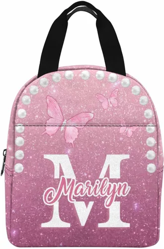 Vista 12 de InterestPrint Bolsa de almuerzo con nombre personalizado para hombres y mujeres, diseño de mariposa rosa y azul personalizada, caja de almuerzo