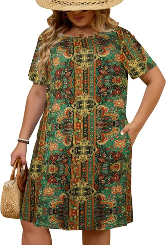 Vista 3 de Kancystore Vestido casual de verano para mujer, talla grande, con bolsillos Albaricoque