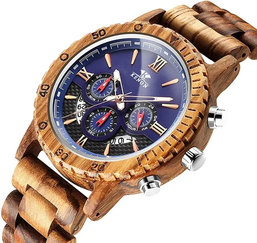 Vista 2 de Relojes de madera grabados personalizados, de lujo, analógicos, de cuarzo, con fecha, cronógrafo, multifuncional, de madera, para hombres