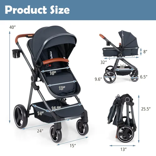 Vista 4 de INFANS Cochecito de bebé 2 en 1, plegable de alta absorción de impactos con asiento reversible, cuna convertible para recién nacido, estructura