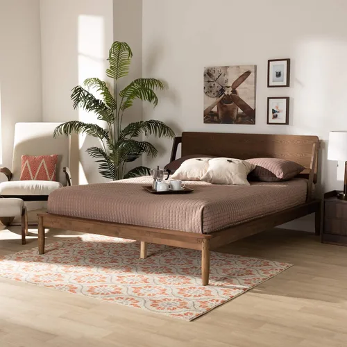 Vista 2 de Baxton Studio Sadler Mid-Century - Cama de plataforma moderna de madera con acabado marrón nogal ceniza