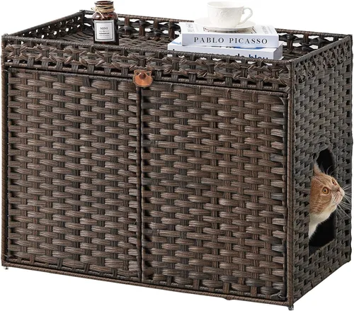 Vista 12 de SETVSON Muebles de caja de arena para gatos, caja de arena oculta, armario de arena para gatos con 2 alfombrillas de arena, casa de gato tejida a