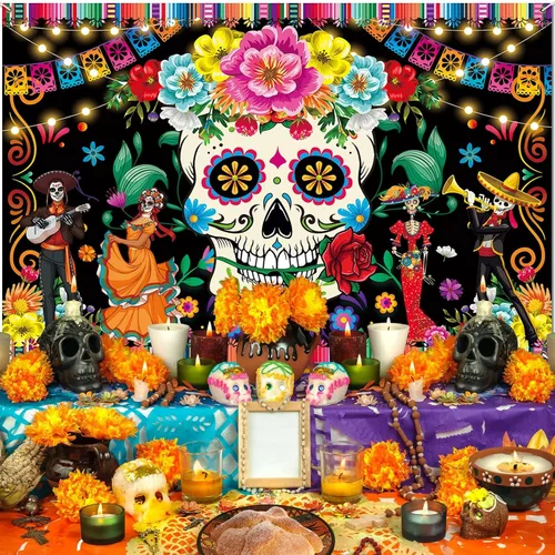 Vista 2 de Pancarta de decoración prémium con el Día de los Muertos, telón de fondo del Día de los Muertos, diseño clásico, tela HQ, impresión HD, perfecto