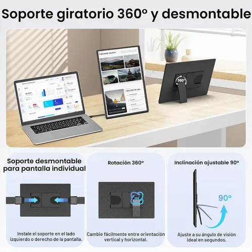 Vista 4 de Monitor portátil de 16.1 pulgadas para laptop, 1200P FHD, extensor de pantalla ultrafino horizontal vertical con soporte desmontable giratorio