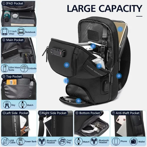 Vista 2 de Tfro & Cile Bolso bandolera para hombre, bolsos cruzados, mochilas de hombro, mochila casual, mochila de pecho negro para senderismo montar