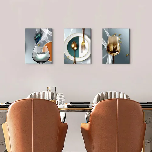 Vista 3 de AIYISU 3 piezas de arte de pared de cocina con copas de vino para decoración de pared del comedor Cuadros de copas de vino en teja, gris y oro
