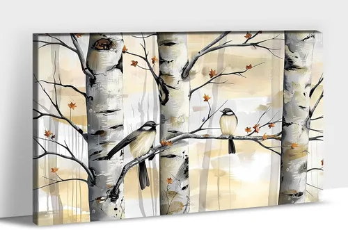 Vista 10 de UZMKM Lienzo decorativo de abedul para pared, pintura de bosque otoñal, imagen panorámica de paisaje, vista de la naturaleza amarilla, obra de arte