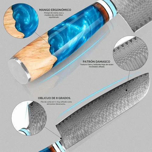 Vista 6 de Kuwata - Cuchillo Santoku profesional, cuchillo de cocina japonés de acero VG10 damasquinado, mango ergonómico de madera para chef, cuchillos