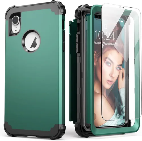 Vista 19 de IDweel Funda para iPhone XR, funda para iPhone XR con protector de pantalla de vidrio templado, 3 en 1, a prueba de golpes, delgada, híbrida, Negro