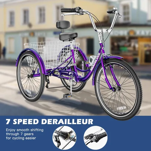 Vista 2 de Triciclos para adultos de 7 velocidades, bicicletas de 3 ruedas de 24/26 pulgadas, bicicletas de tres ruedas de crucero con canasta grande