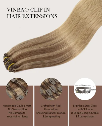 Vista 3 de VINBAO Extensiones de cabello humano con clip, balayage, color marrón ceniza a rubio caramelo, 14 pulgadas, 6 unidades, 3.53 onzas, 6