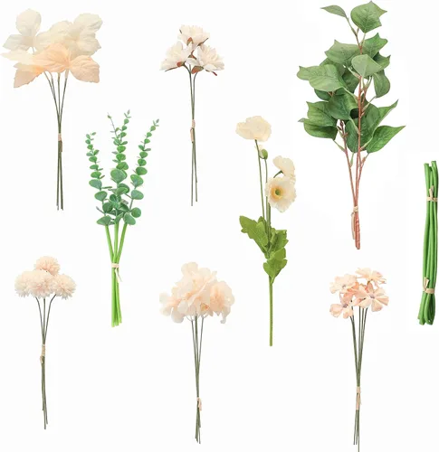 Vista 17 de Juego de tallos de follaje artificial, 59 piezas con 7 tipos de flores de follaje sintéticas para manualidades, ramos de novia, arreglos florales