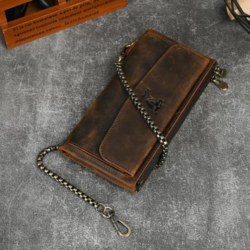 Vista 54 de Genuino Caballo Loco Cuero Regalo de Viaje Moneda Bolsillo Tarjetero Organizador Largo Cadena Rfid Cartera Monedero Con Broche Para Hombres Hombres