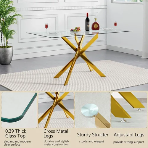 Vista 6 de Juego de mesa de comedor de cristal para 4, juego de mesa de cocina moderno de 5 piezas 52''Rectangular Glass Dining Set with 4 PU Leather