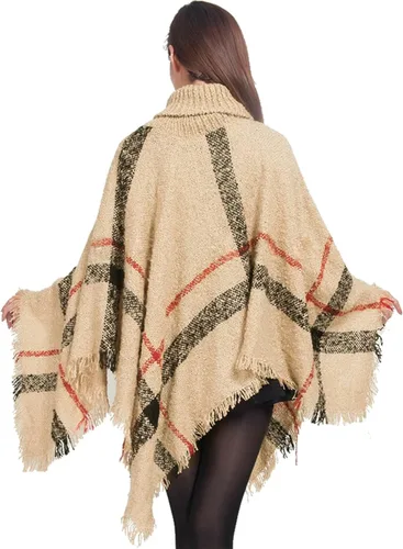 Vista 4 de Dahlia Poncho de punto para mujer, capa gruesa de cuello alto a cuadros