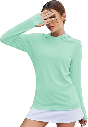 Vista 21 de LUYAA - Sudaderas con capucha para mujer, protección solar UPF 50+, transpirables, elásticas, para senderismo, manga larga, para correr Beige
