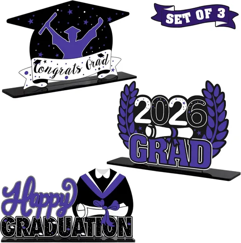 Vista 9 de LINGTEER Decoraciones de fiesta de graduación de clase 2026 – 3 piezas de felicitaciones de graduación 2026 de acrílico para centros de mesa de Azul