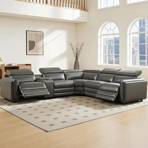 Vista 8 de Sofá Reclinable Eléctrico AMERLIFE, Sofá Reclinable con Consola y Reclinación Dual, Sofá Seccional de Cuero para Sala de Estar, Beige Marrón