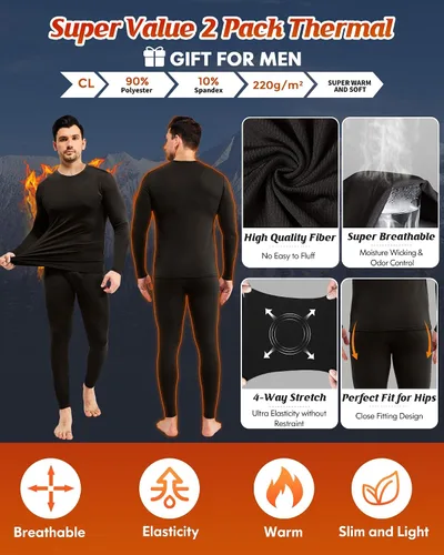 Vista 2 de CL convallaria Paquete de 2 calzoncillos térmicos largos para hombre, forro polar suave, capa base para clima frío, tallas XS-4XL