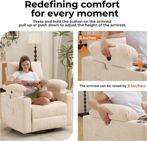 Vista 4 de Sillón reclinable eléctrico con balanceo para guardería con apoyabrazos ajustables, silla de lactancia con función de masaje y calor, reclinable