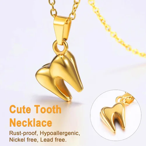 Vista 4 de U7 Dentistajoyería de enfermería Acero inoxidable chapado en oro de 18 quilates Mini lindo diente colgante Rolo cadena Dental collares de dientes