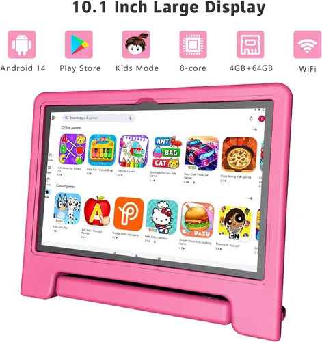 Vista 2 de VNEIMQN Tablet Android 14 de 10.1 pulgadas, almacenamiento de 64 GB, procesador Octa-Core, WiFi Bluetooth, cámaras duales, funda protectora rosa